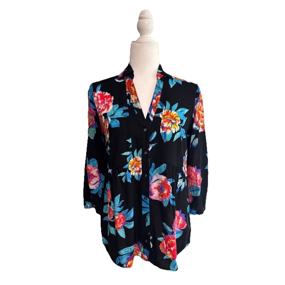 Maeve Button Front Shirt Womens 4 Black Floral